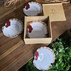 Pottery Barn Thanksgiving Turkey Gobble Appetizer/Dessert Plates in Wooden Box